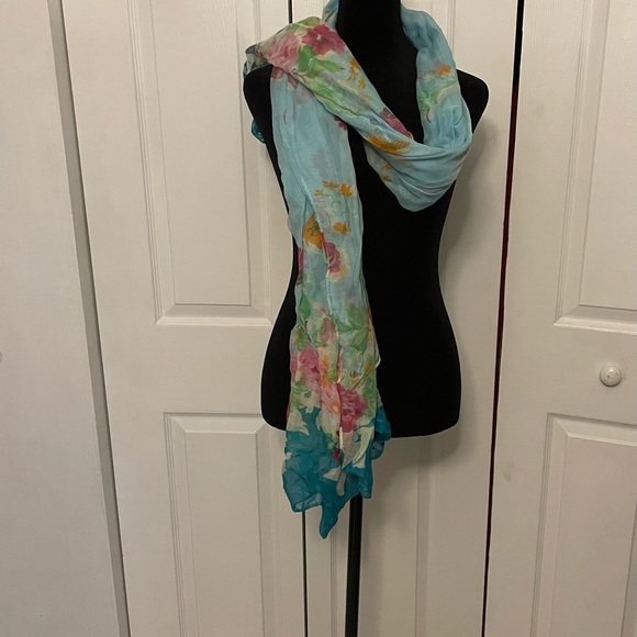 Floral Scarf Shawl Wrap Large Blue Polyester Karma Turquoise Pink 39 x 72 - Picture 1 of 4